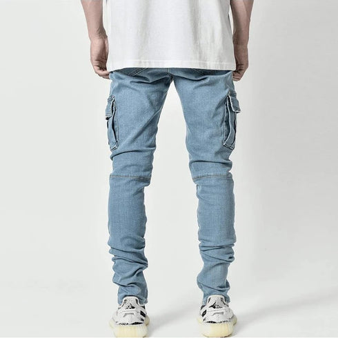 Men's Fashion Elastic Slim Fit Cargo Denim Pants Multi Pockets Casual Skinny Trousers