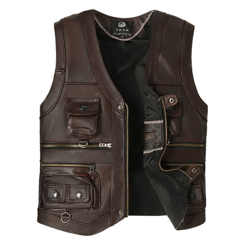 Men's Genuine Cowhide Leather Vest - Slim Fit Multi Pocket Zipper Waistcoat for Spring and Autumn Casual Wear