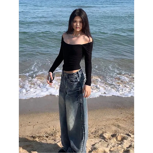 Y2K Style Blue Women Jeans Vintage Fashion Wide Leg Pants