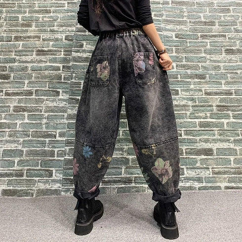 Harem Style Printed Jeans For Women Elastic Waist Denim Pants Casual Loose Relaxed Fit