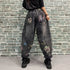 Harem Style Printed Jeans For Women Elastic Waist Denim Pants Casual Loose Relaxed Fit