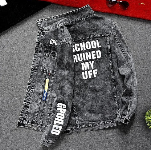 Men's Slim Fit Ripped Denim Jacket with Print for Hip Hop Style - Trendy Outerwear for Dance and Casual Wear