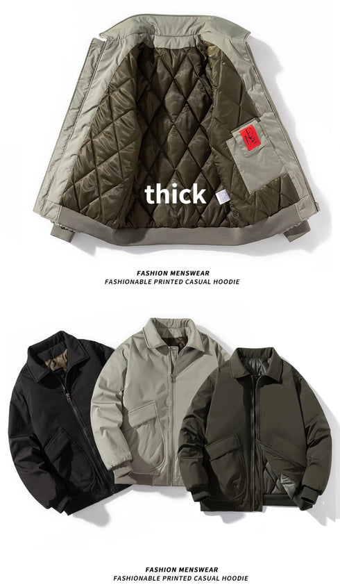 Men's Solid Bomber Jacket - Vintage Retro Military Style Motorcycle Parka - Thick Windbreaker with Pockets for Autumn and Winter Casual Wear