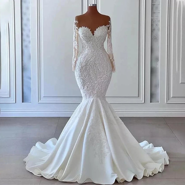 Ivory Wedding Dress Luxury Applique Mermaid Long Sleeves Gowns