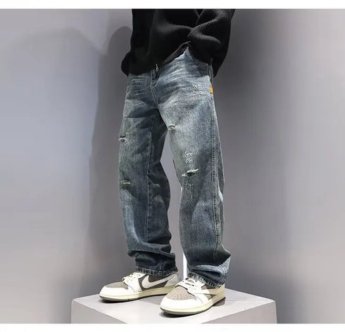 Ripped Jeans Baggy Straight Fit Denim Pants Mens Jeans Streetwear Hip Hop
