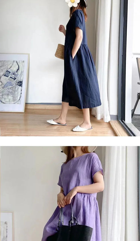 Loose Fit Slimming Cotton Linen Dress for Women Summer Plus Size Mid-Length Skirt