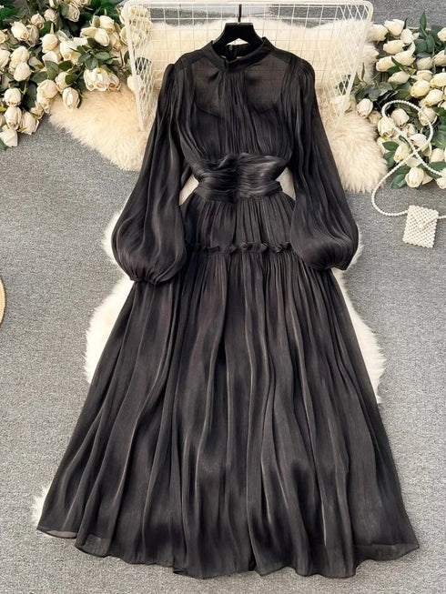 French Luxury Folds Wedding Formal Occasion Dress Women Stand Puff Sleeve Pleated Holiday Chic Robe