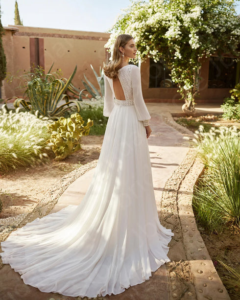 Charming Customized Beach Bridal Gowns with Long Sleeves and V Neckline