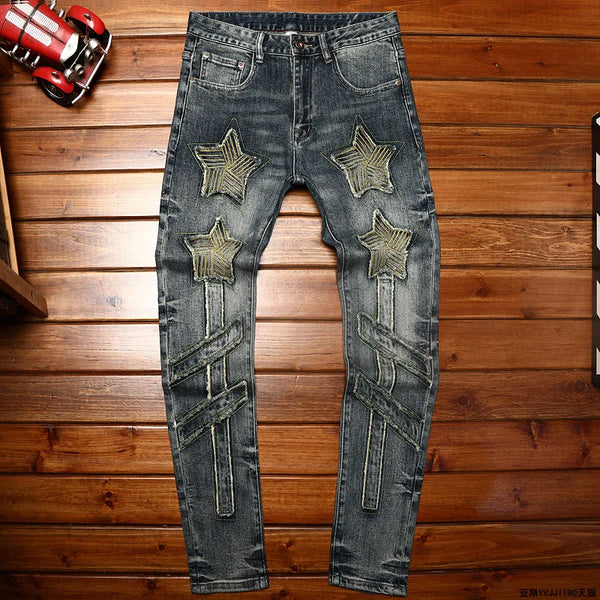 Light Luxury Trendy Embroidered Jeans Men Slim Fit Casual Pants