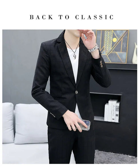 Korean Slim Fit Two-Piece Suit Set for Men Casual Trendy British Style Coat and Trousers