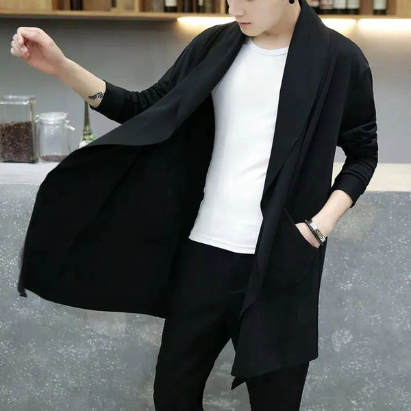 Trendy Autumn Men's Korean Style Long Hooded Trench Coat - Casual Punk Hip Hop Streetwear Cardigan with Pockets