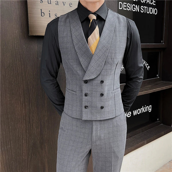 Double Breasted Men's Casual Plaid Waistcoat and Trousers Suit Set
