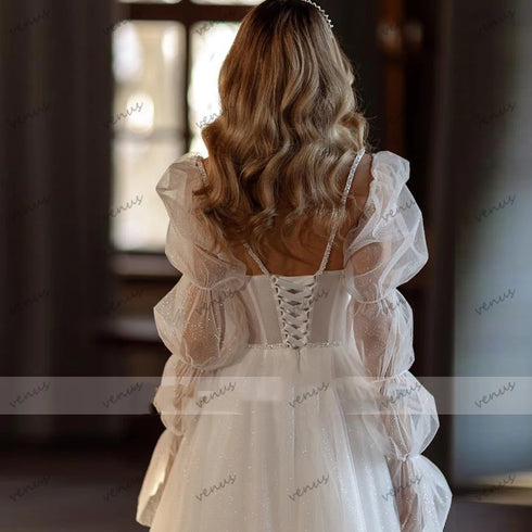 Vintage Wedding Dresses A-Line Tulle Gowns Long Puff Sleeves