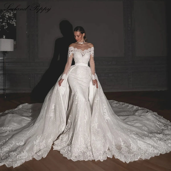 Lceland Poppy Customized Mermaid Lace Wedding Dresses with Detachable Train
