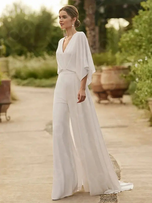 Customized Holy White Wedding Dresses Pants Suite Bridal Gowns V Neckline Beach Jumpsuit Backless 3/4 Sleeves