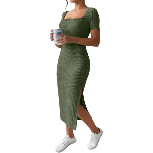 Versatile Summer Slit Dress with Square Neck and Hip-Hugging Skirt