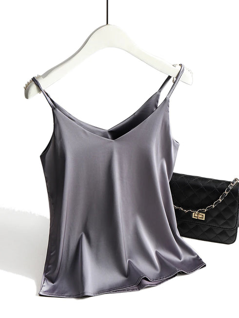 Spaghetti Strap Satin Silk Tank Top Women Sleeveless Halter V Neck Camisole Summer Casual Cami