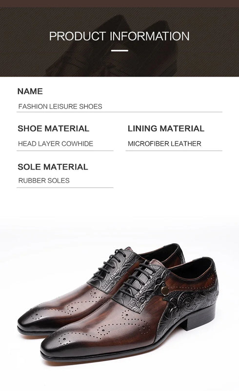 Handmade Men's Wedding Dress Brogue Shoes Genuine Leather Lace-Up Casual Fashion Footwear