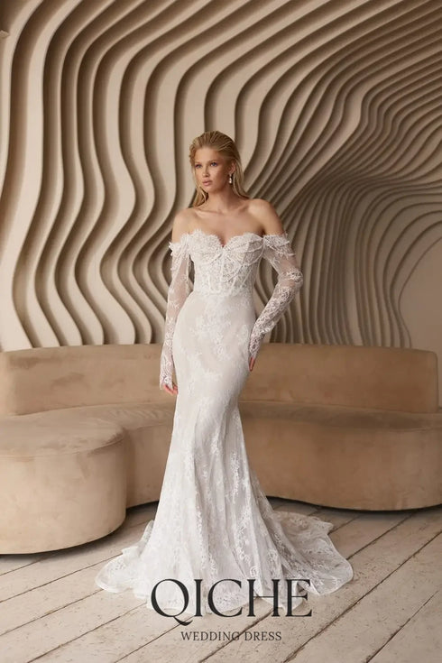 Mermaid Lace Wedding Dress With Pearls Sweetheart Neckline Long Sleeves Floor Length Bridal Gown