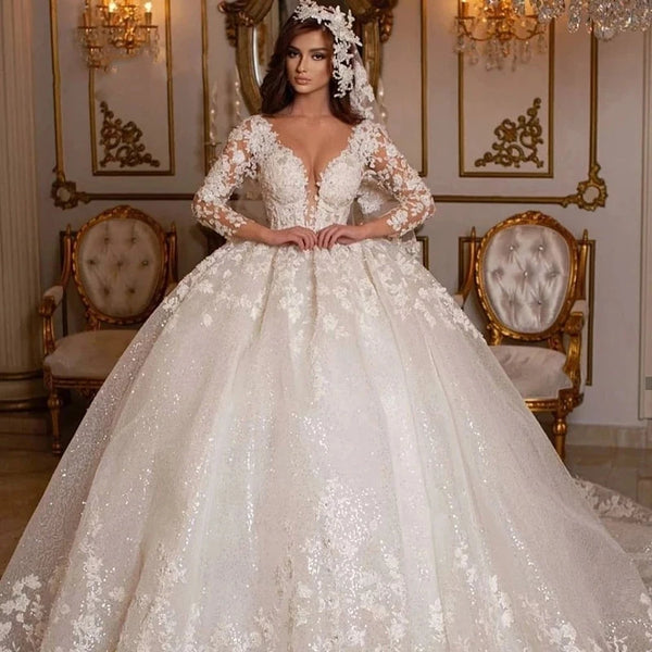 Vintage Wedding Dresses Princess Ball Gowns Beading Bridal Tulle Long Sleeves Elegant Luxury Dress Customized