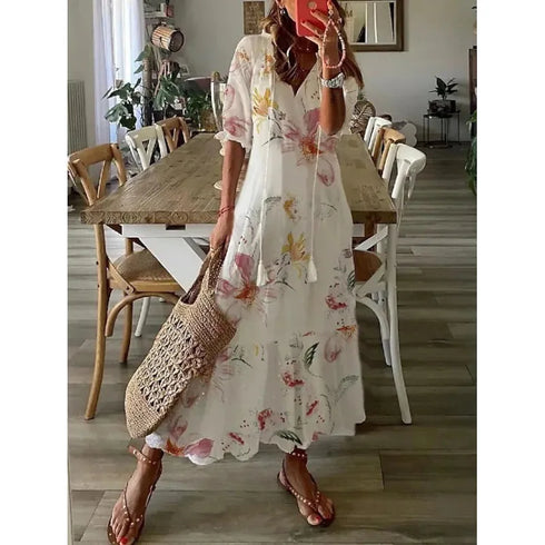 Floral Print Casual Dress for Women V Neck Half Sleeves Bohemian Holiday Beach Style