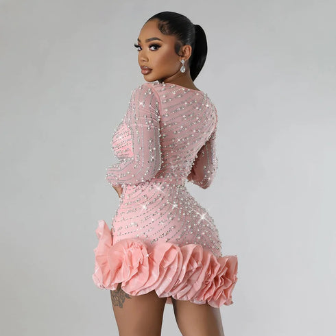 Long Sleeve V Neck Transparent Club Dress with Diamonds