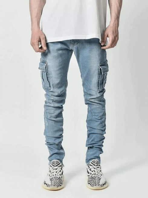 Men's Cargo Pants Jeans Denim Slim Fit Multi Pockets