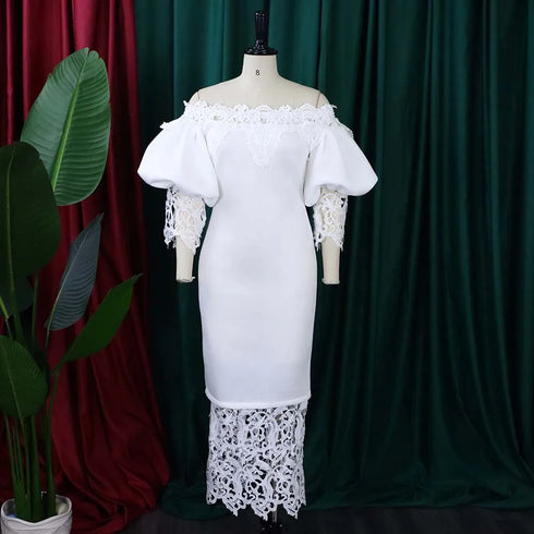 Trend Fashion Lace Midi Dress Women Off-Neck Bodycon Style