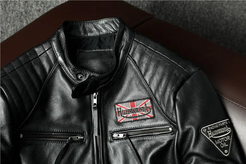 Vintage Genuine Leather Biker Jacket for Men – Slim Fit Cowhide Motorcycle Outerwear with Pockets and Embroidery Details for All Seasons