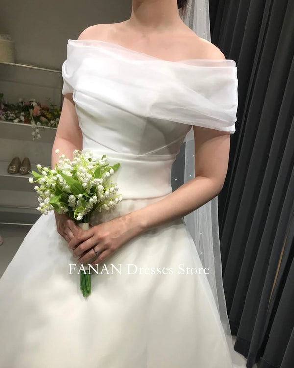 Off The Shoulder Organza A Line Wedding Dress With Ruched Bodice And Lace Up Back Plus Size Bridal Gown