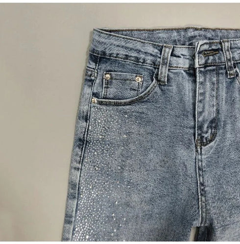 Fashion Rhinestone Jeans Female High Waist Slim Pencil Pants