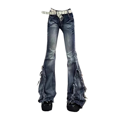 American Retro Y2K Flare Jeans for Women - Trendy Scratched Slim Bell Bottoms Perfect for Fall Outfits with Jeans and Hip Hop High Street Style