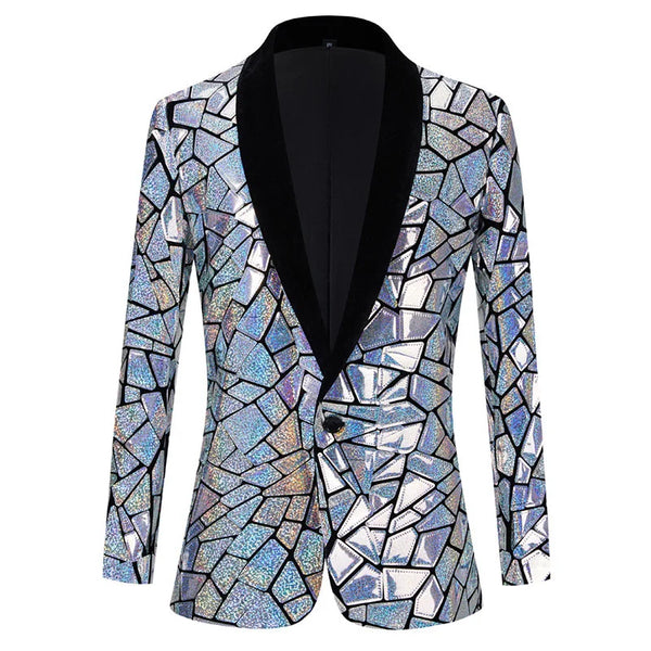 Elegant Laser Sequin Tuxedo Blazer Jacket for Men - One Button Shawl Lapel Dress Suit Blazer Perfect for Parties, Stage Performances, and Prom Events