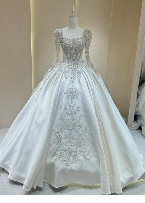 Luxurious Bridal Gown with Sparkling Embellishments Lace Embroidery and Long Train Wedding Dress