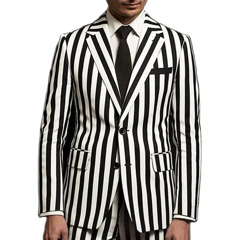 Elegant Black and White Striped Men's Formal Suit - Slim Fit Single Breasted Notch Lapel 2-Piece Jacket and Pants Outfit for Weddings, Prom, and Business Events
