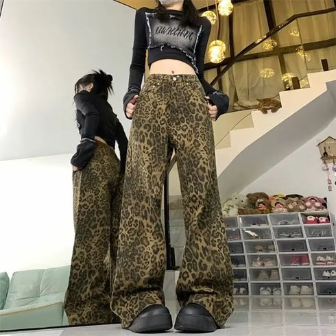 Vintage Women's Leopard Print High Waist Straight Leg Jeans for Trendy Y2K Hip Hop Style and Casual Fall Outfits