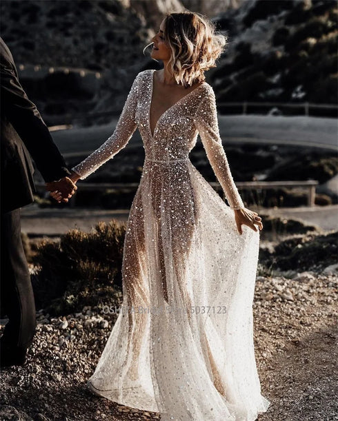 Mordern V- Neck Sequins Wedding Dresses Long Sleeves Gowns