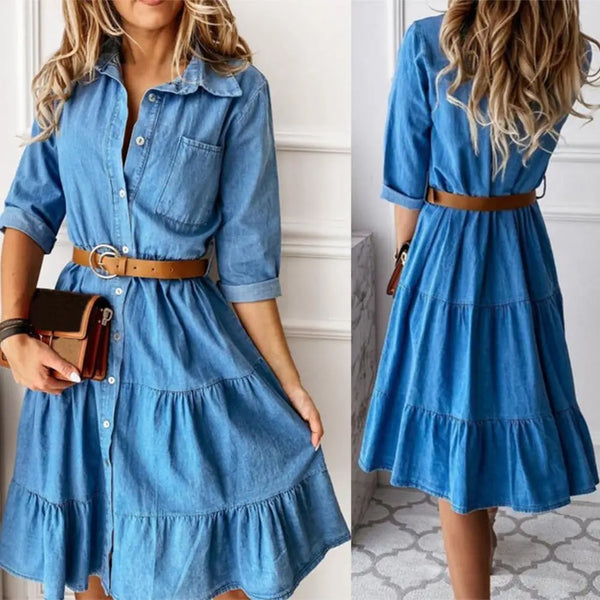 Denim Dress with Belt and Turn-down Collar for Women