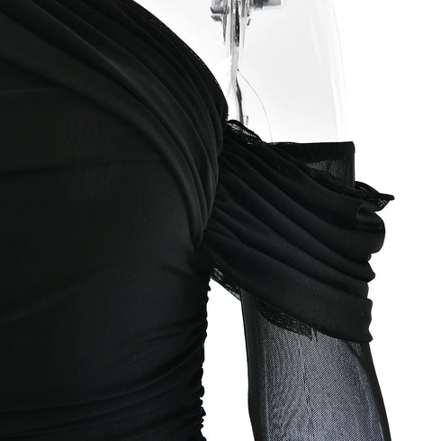 Oblique Shoulder Long Sleeve Maxi Dress for Women Elegant Patchwork Ruched Backless Slim Bodycon Dress