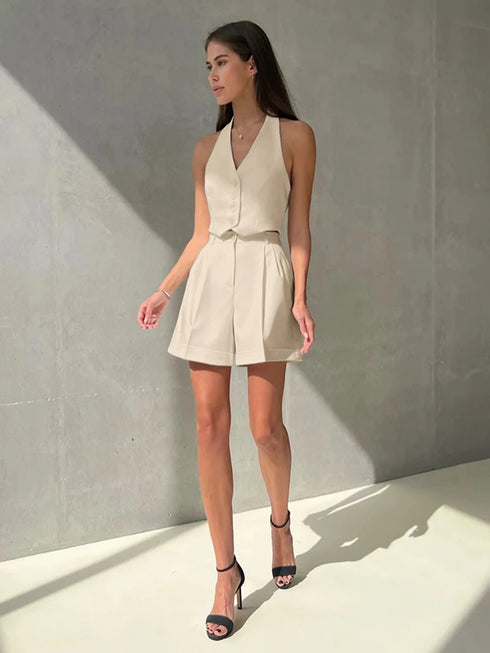 Chic Women's Office Summer Shorts Suit Set - Stylish Sleeveless Halter 2 Piece Outfit for Effortless Elegance