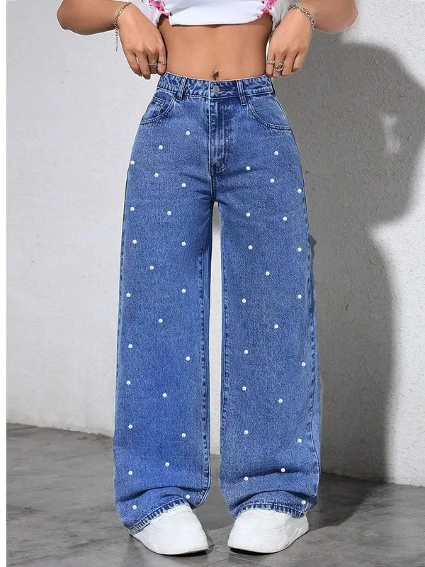 Beaded High Waist Jeans For Women With Straight Leg Denim Pants Embellished Beading Detail