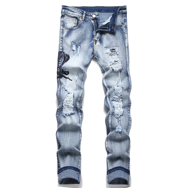 Men Snake Embroidery Ripped Jeans Stretch Denim Trousers