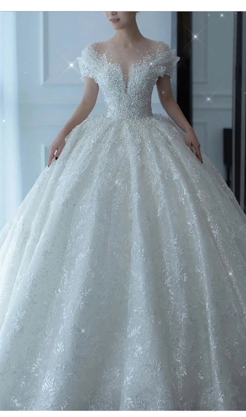 Princess Crystal Beaded Wedding Gown with Puff Tulle - Elegant Bride Dress