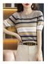 Summer Short Sleeve Women's O Neck Slim Cotton Striped Pullover Knit Sweater Top