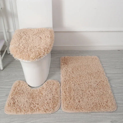 3 Piece Solid Color Bathroom Carpet Set Non-Slip Toilet Lid Cover Rugs Kit
