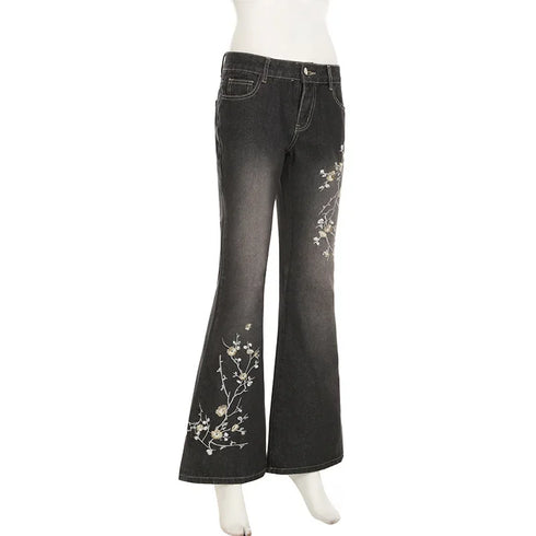 Floral Embroidery Vintage Low Rise Flared Jeans Women