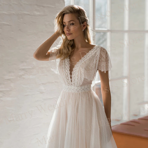 Bohemian A Line Wedding Dresses Lace Appliques V Neck Backless