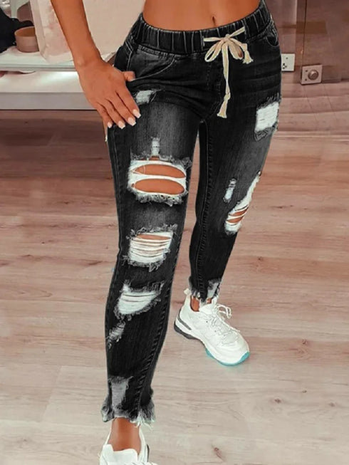 Casual Drawstring Denim Jeans for Women - Ripped Hole Stretch Skinny Pencil Pants Perfect for Fall Outfits Jeans and Homecoming Events