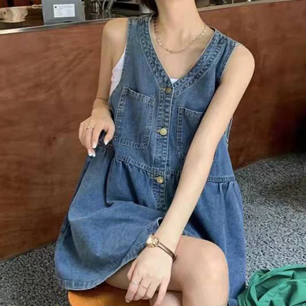 Korean Style Sleeveless Denim Mini Dress with Pockets for Women