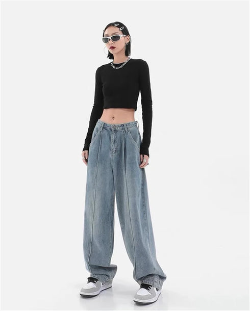 Casual Wide Leg Jeans for Women - Trendy Harajuku Punk Denim Cargo Pants for Effortless Streetwear Style, Perfect for Fall Outfits and Homecoming Events